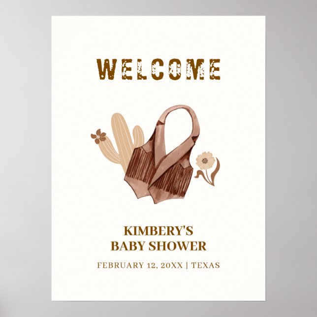 Póster Bienvenida de Baby Shower de Boho Cactus Cowgirl N (Frente)