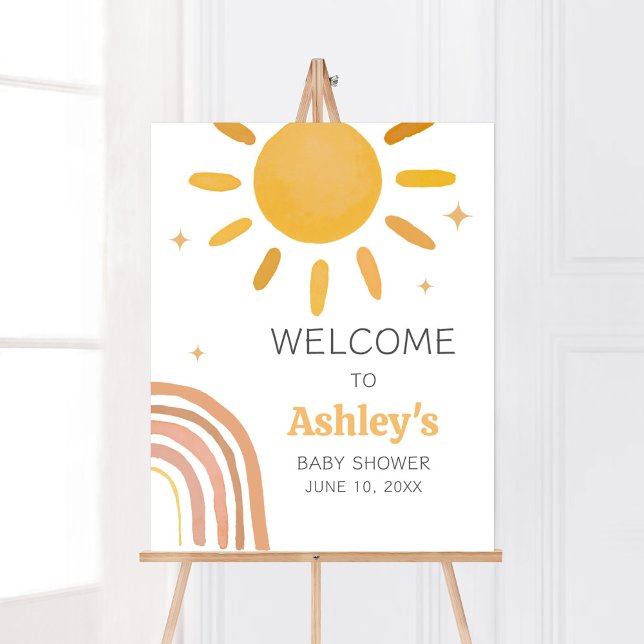 Póster Bienvenida de Baby Shower de Boho Retro Sunshine (Here Comes the Sun Baby Shower Welcome Sign)
