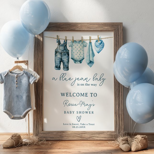 Póster Bienvenida de Baby Shower de Denim Blue Jean Cloth (Denim Blue Jean Clothesline Baby Shower Welcome Poster)