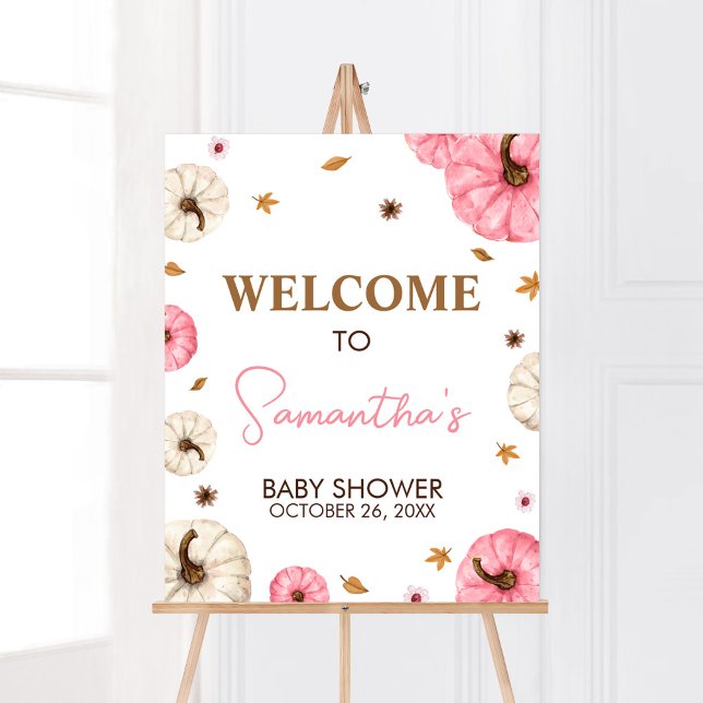 Póster Bienvenida de Baby Shower de la Pequeña Calabaza R (Girl Fall Pumpkin Baby Shower Welcome Sign)