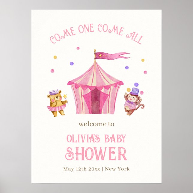 Póster Bienvenida de Baby Shower de mono de oso de circo  (Frente)