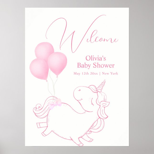 Póster Bienvenida de Baby Shower de Pink Cute Balloon Uni (Frente)