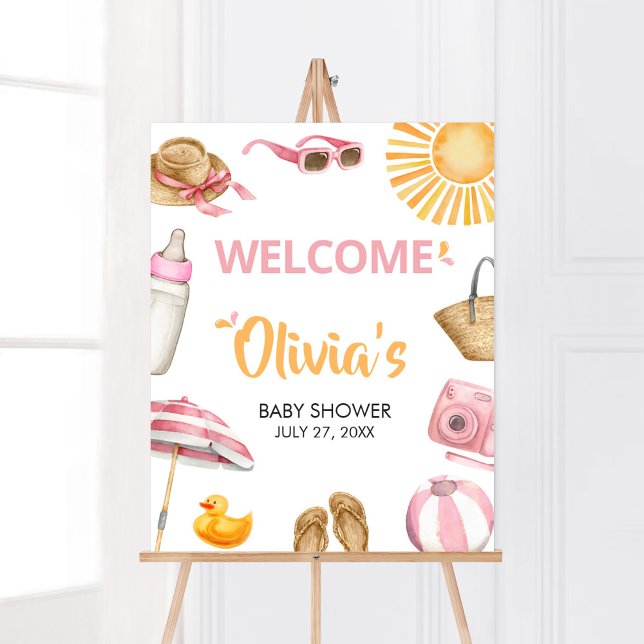Póster Bienvenida de Baby Shower de Pink Splish (Girl Summer Beach Baby Shower Welcome Sign)