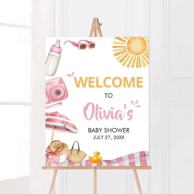 Póster Bienvenida de Baby Shower de verano en Pink Beach (Splish Splash Baby Shower Welcome Sign)