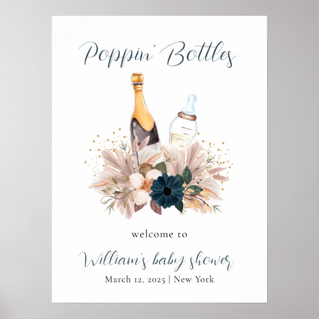 Póster Bienvenida de Baby Shower del Blue Boho Poppin Cha (Frente)