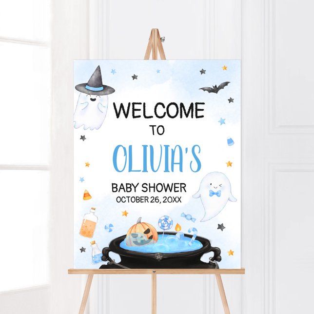 Póster Bienvenida de Baby Shower en Boo-y Halloween (Blue Oh Sheet Baby Shower Welcome Sign)