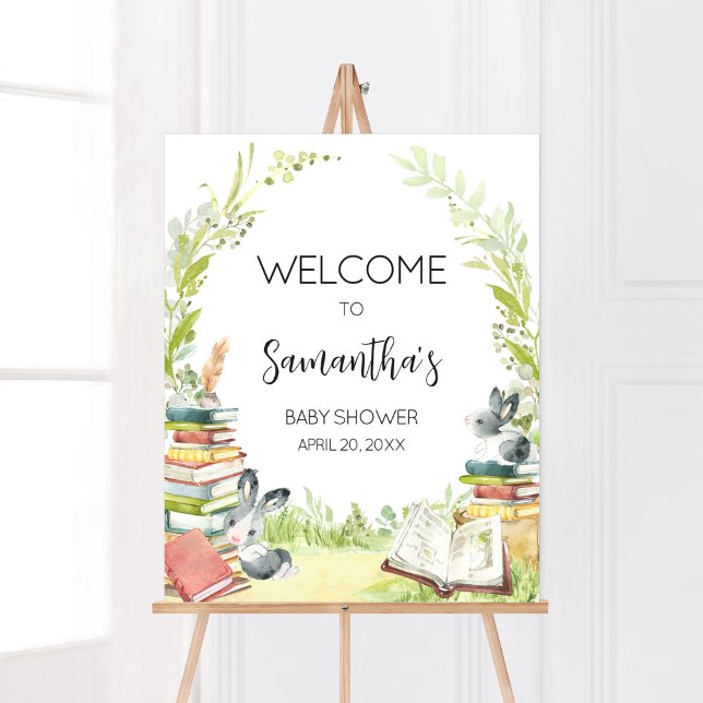 Póster Bienvenida de Baby Shower en el nuevo capítulo del (Vintage Storybook Rabbit Baby Shower Welcome Sign)