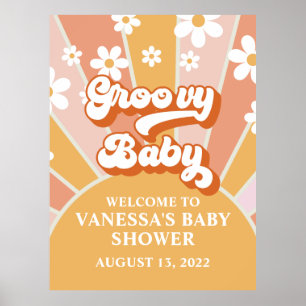 Póster Bienvenida de Baby Shower Groovy Baby Retro Sunshi