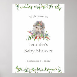 Póster Bienvenida de Baby Shower Hedgehog Watercolor Flor
