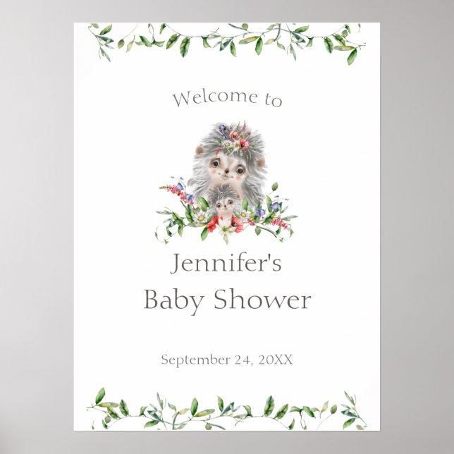 Póster Bienvenida de Baby Shower Hedgehog Watercolor Flor (Frente)
