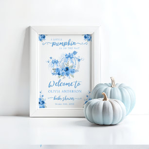 Póster Bienvenida de Baby Shower Little Pumpkin Bow Blue