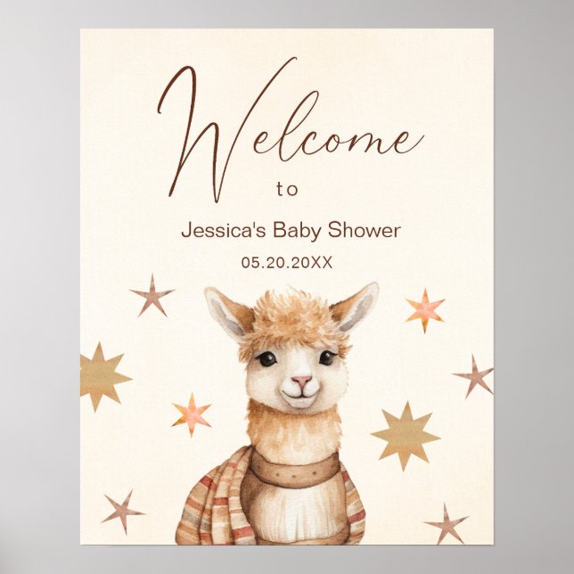Póster Bienvenida de Baby Shower Llama Mama Retro (Frente)