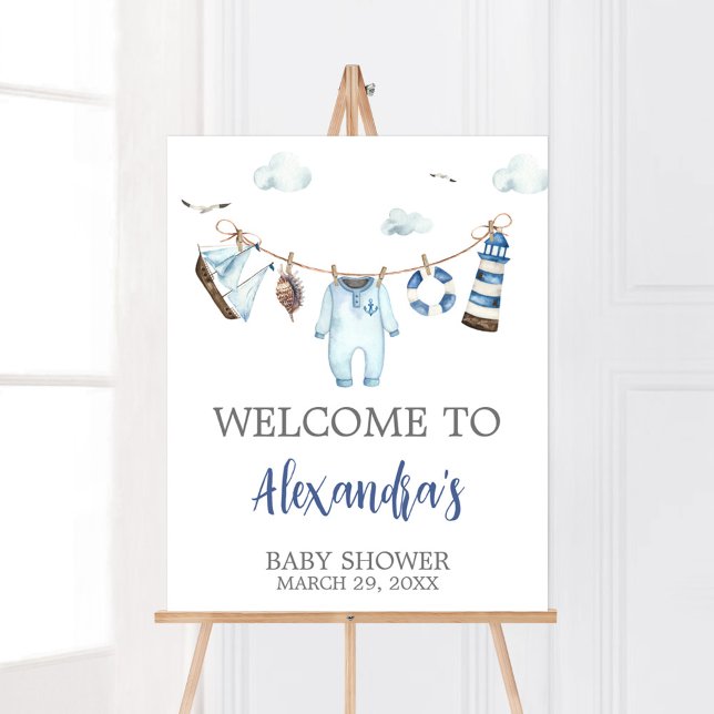 Póster Bienvenida de Baby Shower Nautical Ahoy (Nautical Sailor Ahoy Baby Shower Welcome Sign)
