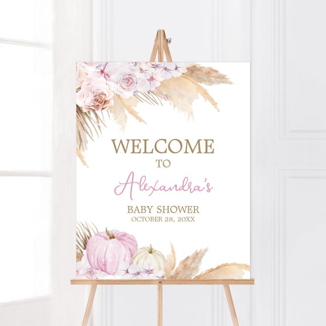 Póster Bienvenida de Baby Shower para calabaza de boho ro (Boho Pampas Grass Baby Shower Welcome Sign)