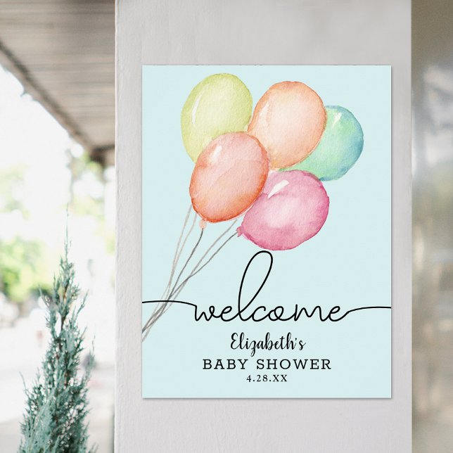 Póster Bienvenida de Baby Shower para el niño de los glob (Watercolor balloons on blue boy baby shower welcome poster, PRINTED and/or INSTANT DOWNLOAD)