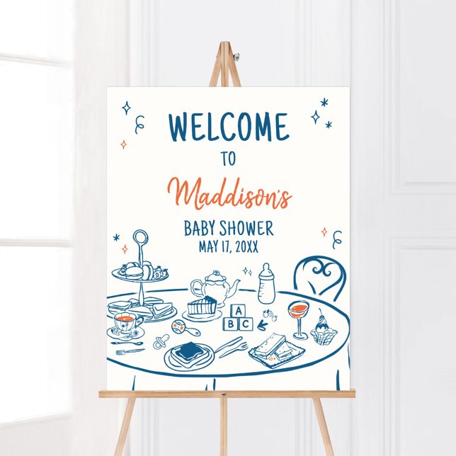 Póster Bienvenida de Baby Shower para Fiesta de mano dibu (Hand Drawn Baby Brunch Party Baby Shower Welcome Sign)