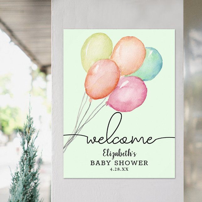 Póster Bienvenida de Baby Shower para los globos acuático (Watercolor balloons on green unisex baby shower welcome poster, PRINTED and/or INSTANT DOWNLOAD)