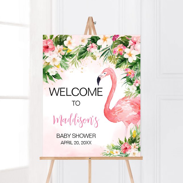 Póster Bienvenida de Baby Shower Pink Aloha Flamingo (Girl Floral Flamingle Baby Shower Welcome Sign)