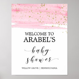 Póster Bienvenida de Baby Shower rosa y dorada a color de