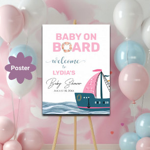 Póster Bienvenida de Baby Shower rosada náutica