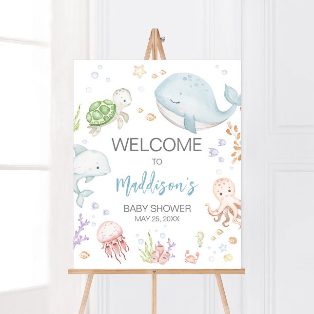 Póster Bienvenida de Baby Shower Under the Sea (Sea Creatures Ocean Baby Shower Welcome Sign)