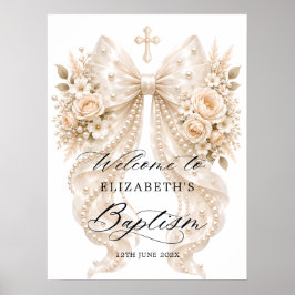 Póster Bienvenida de Bautizo Elegante Floral con Lazo y P