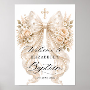 Póster Bienvenida de Bautizo Elegante Floral con Lazo y P