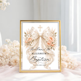 Póster Bienvenida de Bautizo Elegante Floral y Perla