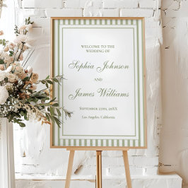 Póster Bienvenida de boda a rayas verde salvia Old Money
