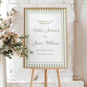 Póster Bienvenida de boda a rayas verde salvia Old Money