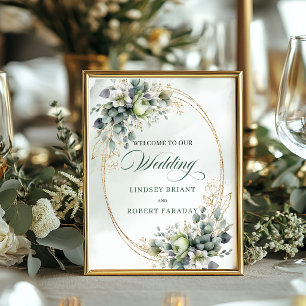 Póster Bienvenida de boda acuarela con follaje verde polv