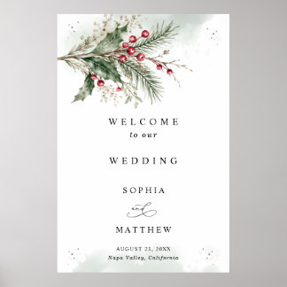Póster Bienvenida de boda acuarela de bayas de acebo de i