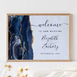 Póster Bienvenida de boda Agate Navy Pale Blue Gold Scrip