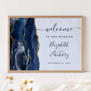 Póster Bienvenida de boda Agate Navy Pale Blue Gold Scrip