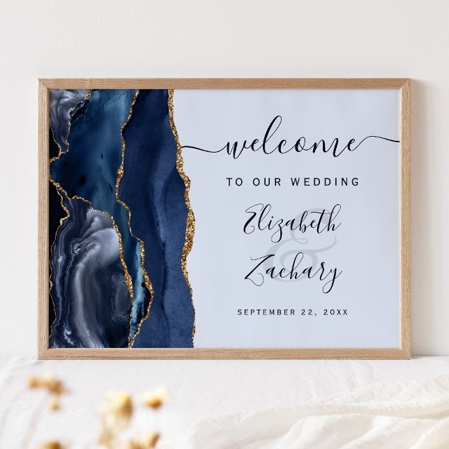 Póster Bienvenida de boda Agate Navy Pale Blue Gold Scrip (Subido por el creador)