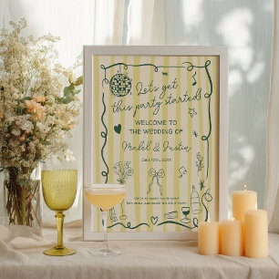 Póster Bienvenida de boda amarilla retro con dibujos a ma