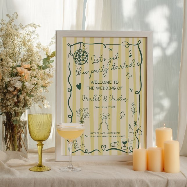 Póster Bienvenida de boda amarilla retro con dibujos a ma (Retro Citrus Yellow Hand drawn Wedding Welcome Poster)