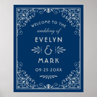 Bienvenida de boda Art Déco en azul marino y plata