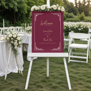 Póster Bienvenida de boda Art Déco en oro y burgundy