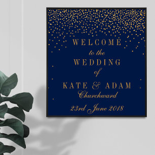 Póster Bienvenida de boda azul marino y confeti dorado gl