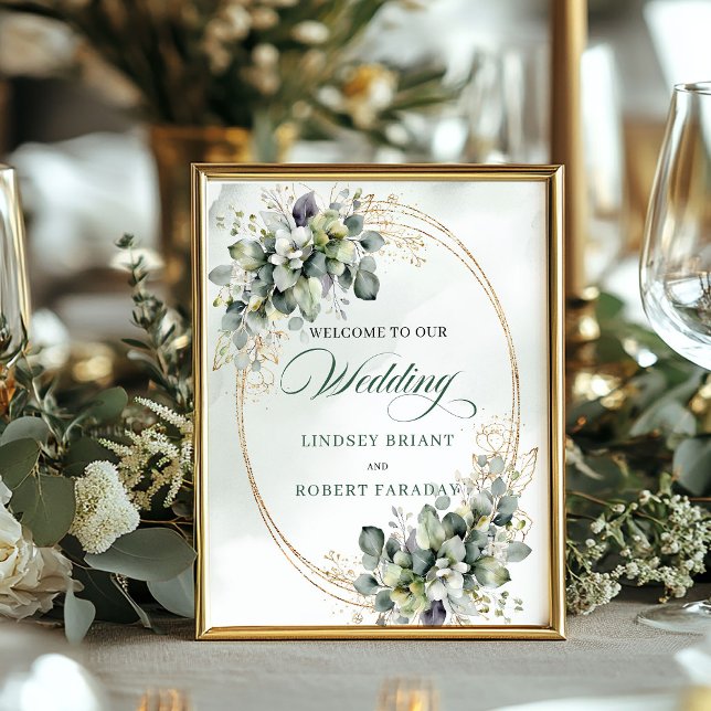 Póster Bienvenida de boda boho botánico polvo verde en me (Boho Botanical Dusty Green Tabletop Wedding Welcome)