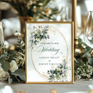 Póster Bienvenida de Boda Botánica Verde Sage en Mesa