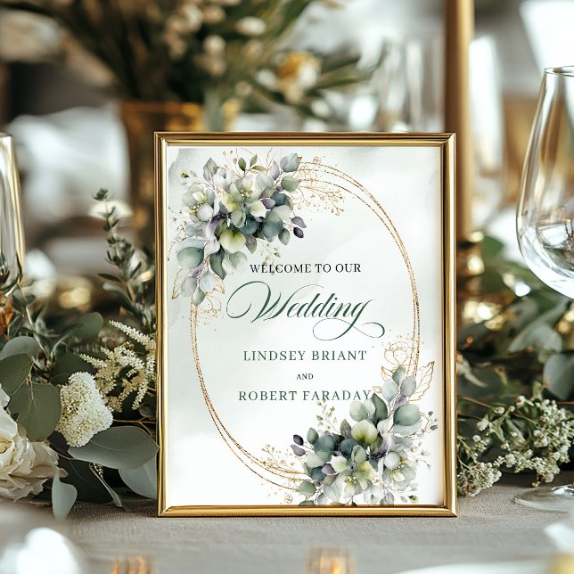 Póster Bienvenida de Boda Botánica Verde Sage en Mesa (Boho Sage Green Botanical Tabletop Wedding Welcome Sign)