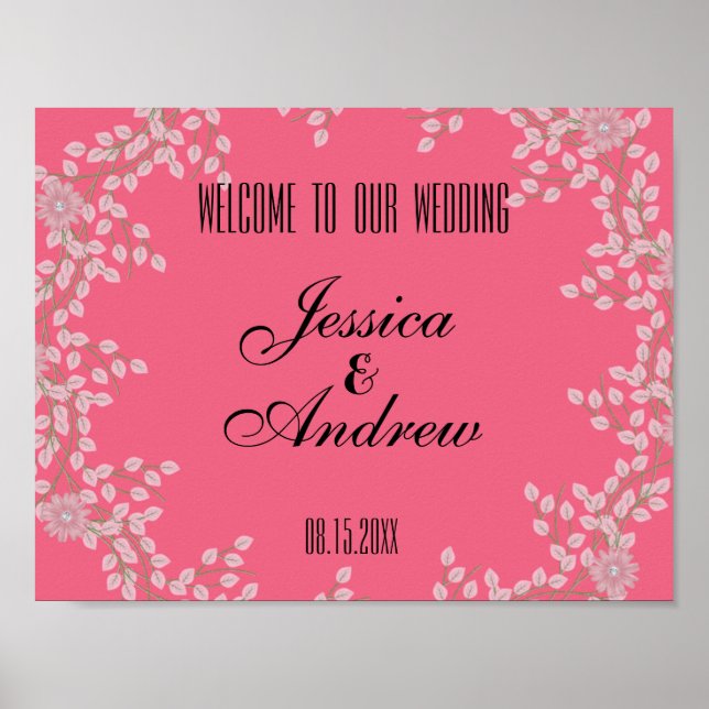 Póster Bienvenida de Boda Chic Rosa Floral y Perlas (Frente)