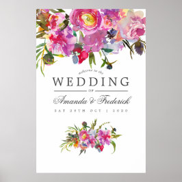 Póster Bienvenida de boda con acuarela de peonías rosadas