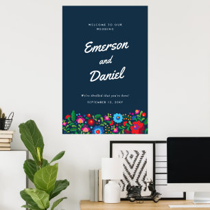 Póster Bienvenida de Boda con Bordado Mexicano Azul Marin