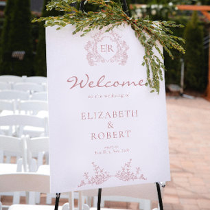 Póster Bienvenida de Boda con Cresta Floral Rosa Polvorie
