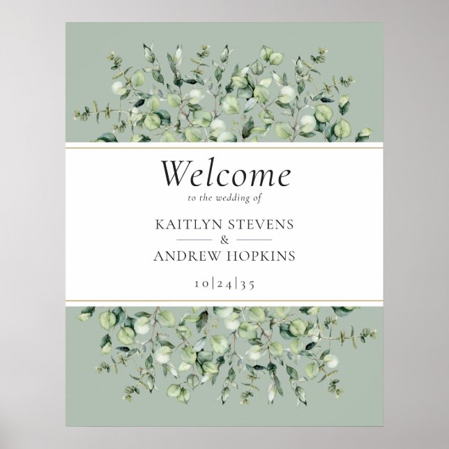 Póster Bienvenida de boda con eucalipto verde salvia  (Frente)