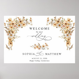 Póster Bienvenida de boda con flores silvestres beige
