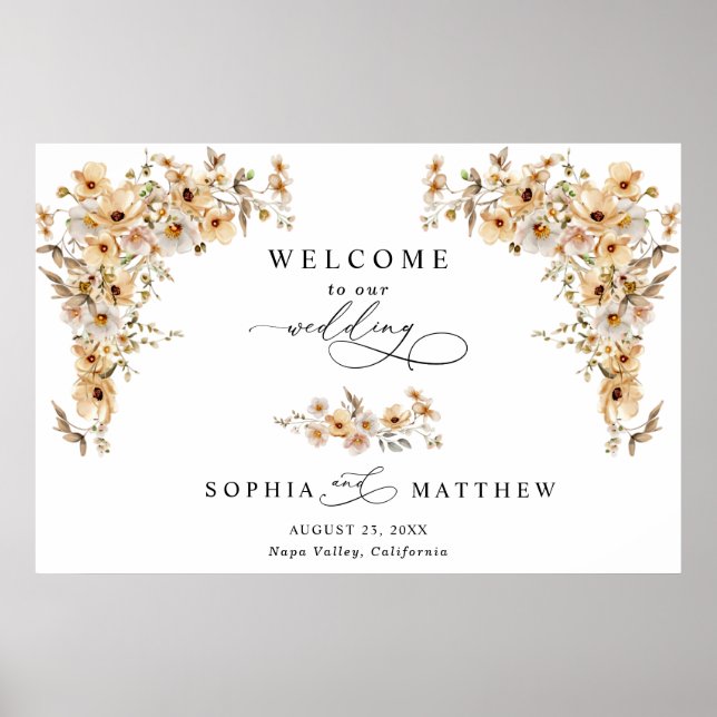 Póster Bienvenida de boda con flores silvestres beige (Frente)